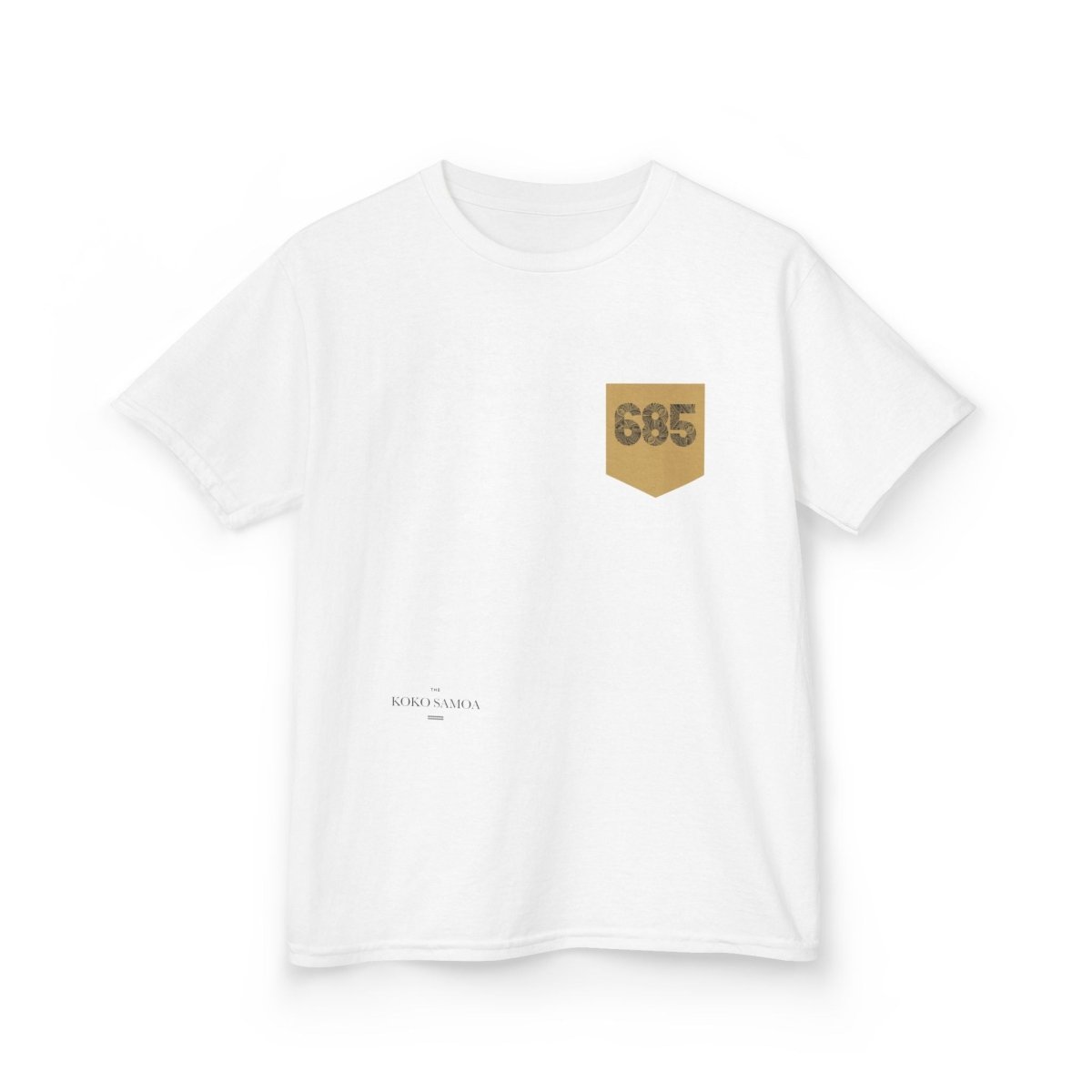 Navy kids unisex T-shirt with 685 pocket design by The Print Bar, casual kids clothing for AU/NZ.