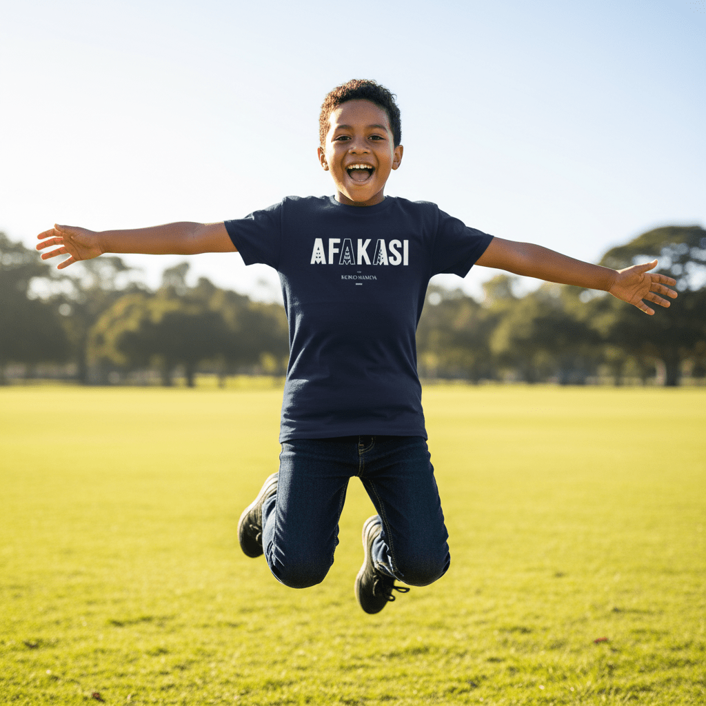 Kids unisex navy tee by The Print Bar featuring Afakasi design, made for kids' casual wear in AU/NZ sizes.