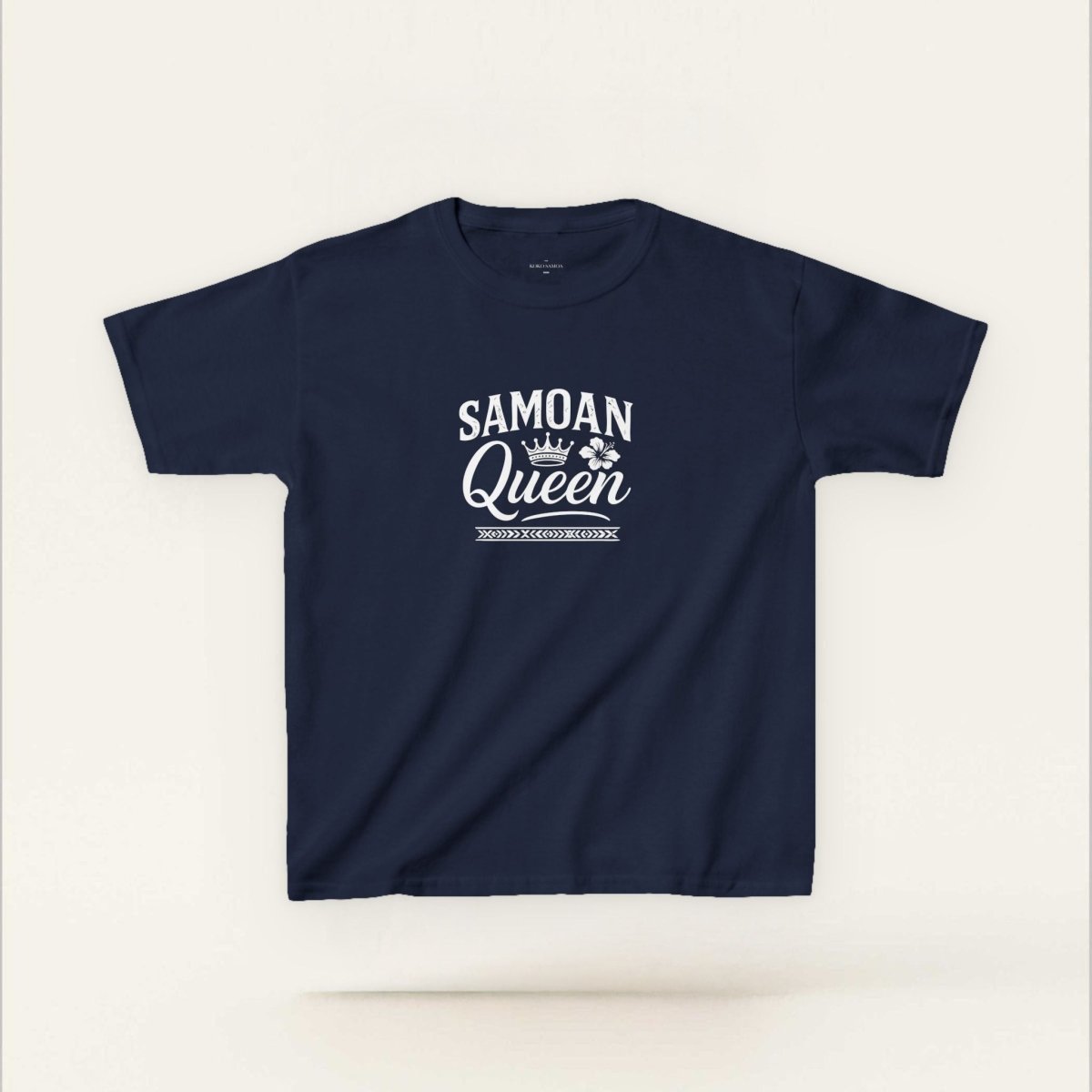 Navy kids unisex tee featuring "Samoan Queen" graphic, made by The Print Bar, for children in AU/NZ.