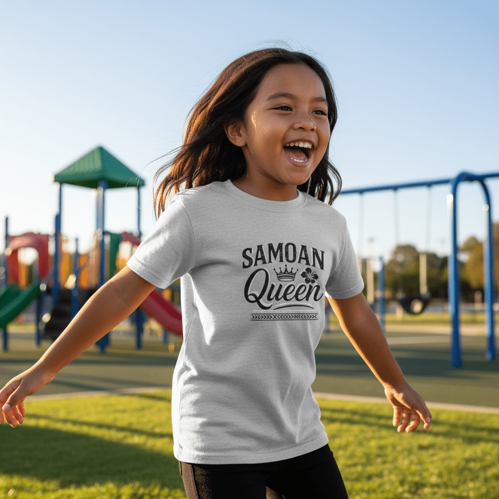 Navy kids unisex tee featuring Samoan Queen design, made by The Print Bar, suitable for children in AU/NZ.
