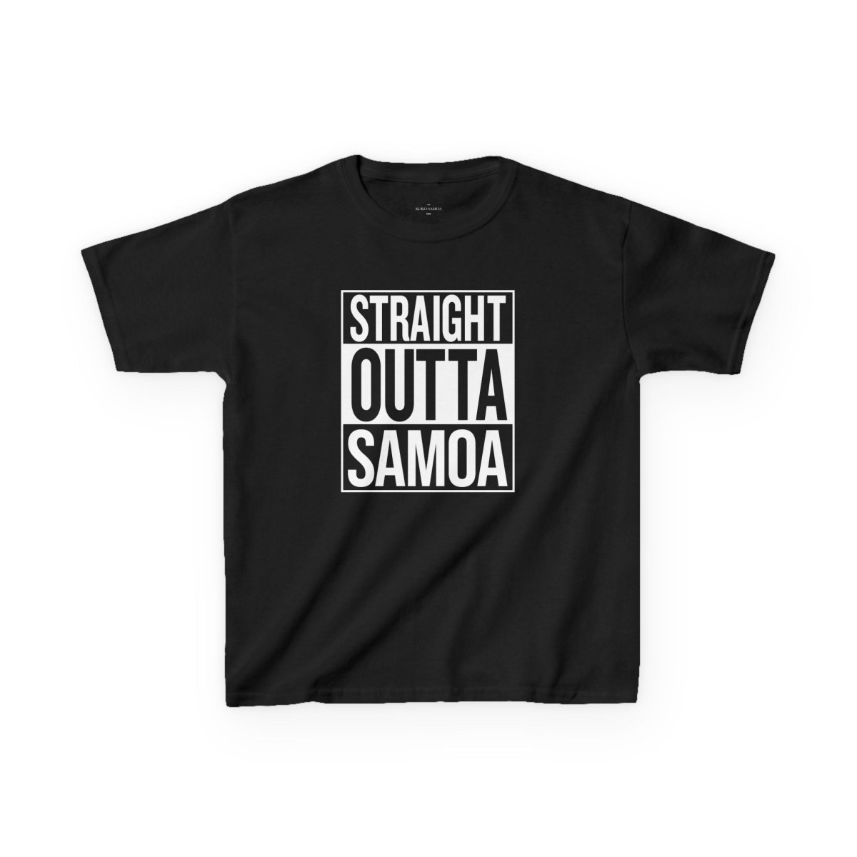 Kids unisex navy T-shirt featuring "Straight Outta Samoa" print, suitable for AU/NZ sizes.