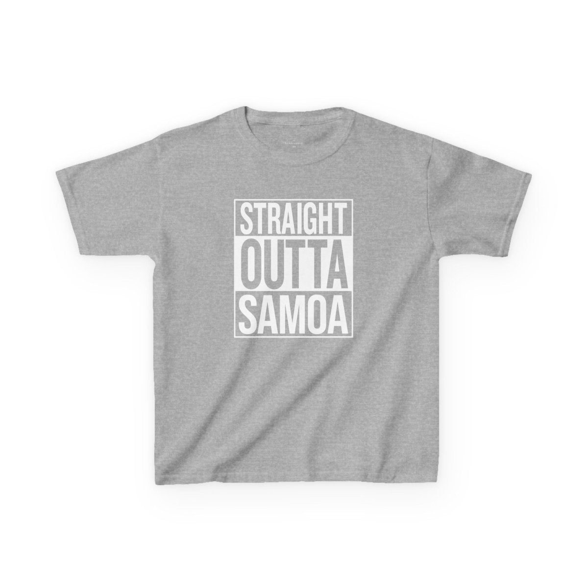 Kids unisex navy T-shirt featuring "Straight Outta Samoa" design, suitable for AU and NZ sizes.