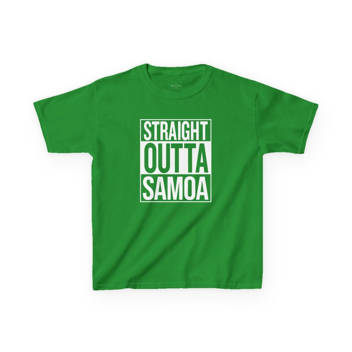 Kids unisex navy tee featuring "Straight Outta Samoa" print, suitable for AU and NZ sizes.