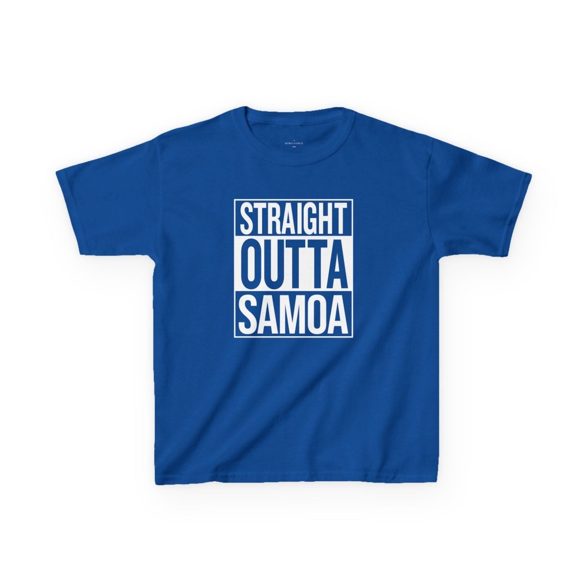 Navy kids unisex t-shirt featuring "Straight Outta Samoa" print, suitable for AU/NZ sizes,.