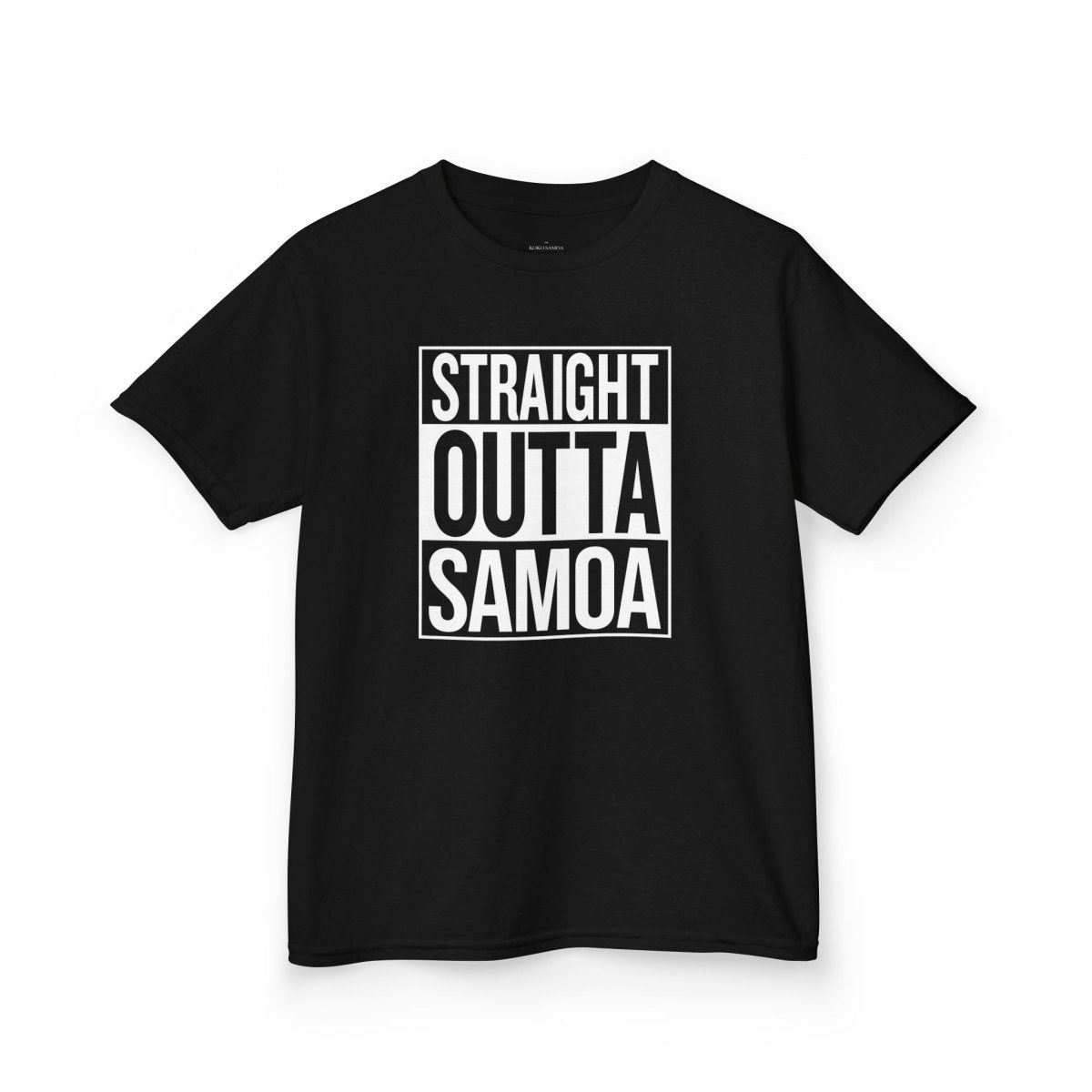 Navy kids unisex tee with "Straight Outta Samoa" print, for AU/NZ kids clothes, casual and comfortable.