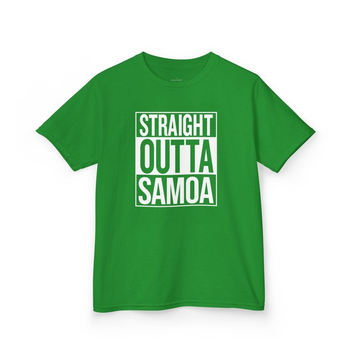 Kids unisex navy tee featuring "Straight Outta Samoa" print, designed for children, suitable for AU/NZ markets.