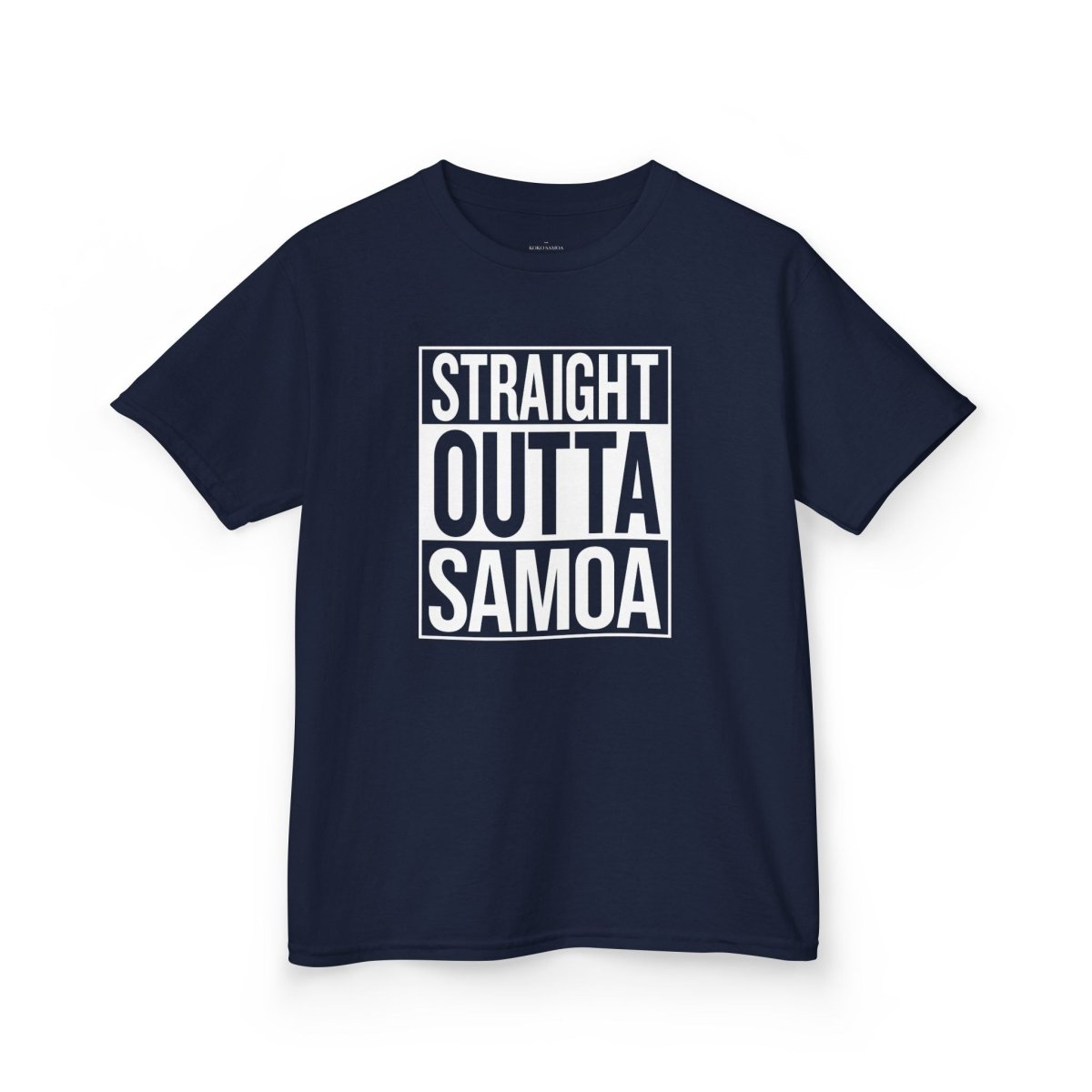 Kids unisex navy tee with "Straight Outta Samoa" print, stylish kids clothing by Printify, suitable for AU/NZ sizes.