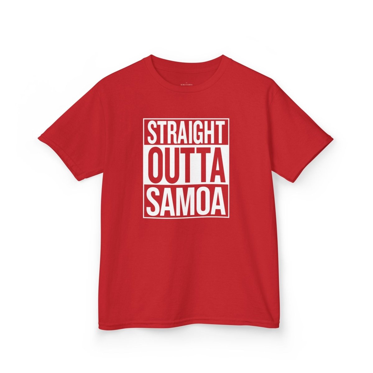 Kids unisex navy T-shirt from Printify with "Straight Outta Samoa" graphic, suitable for AU/NZ sizes, casual kids' clothing.