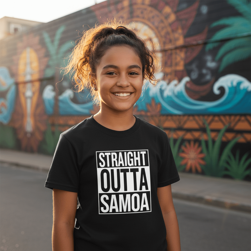 Kids unisex navy tee from The Print Bar featuring "Straight Outta Samoa" graphic, perfect for kids' casual wear.