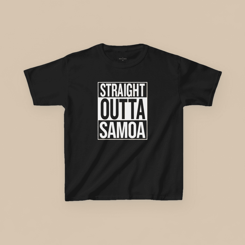 Navy kids unisex T-shirt by The Print Bar featuring "Straight Outta Samoa" graphic, casual kids clothes for AU/NZ.