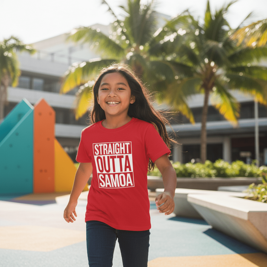 Kids unisex navy T-shirt featuring "Straight Outta Samoa" design, perfect for kids' casual wear.