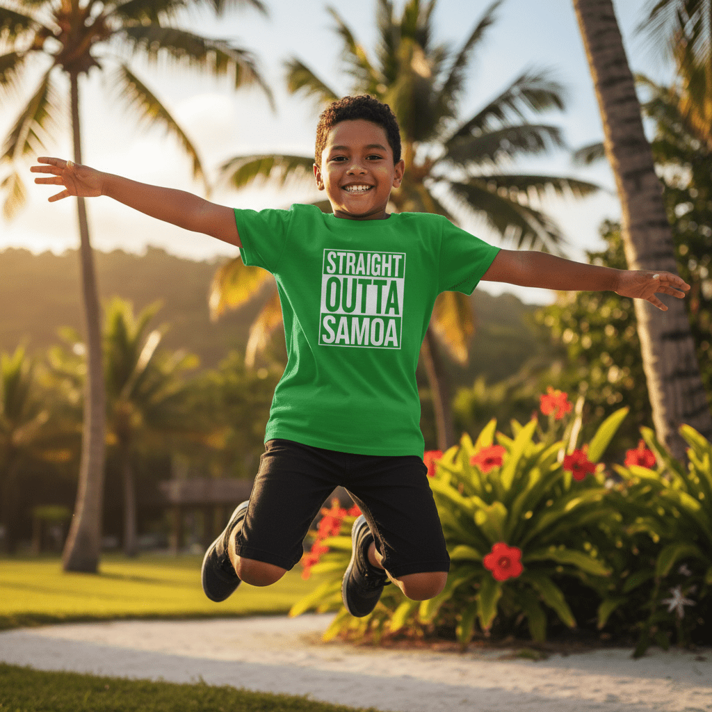 Navy kids unisex T-shirt with "Straight Outta Samoa" print, casual kids' clothing.