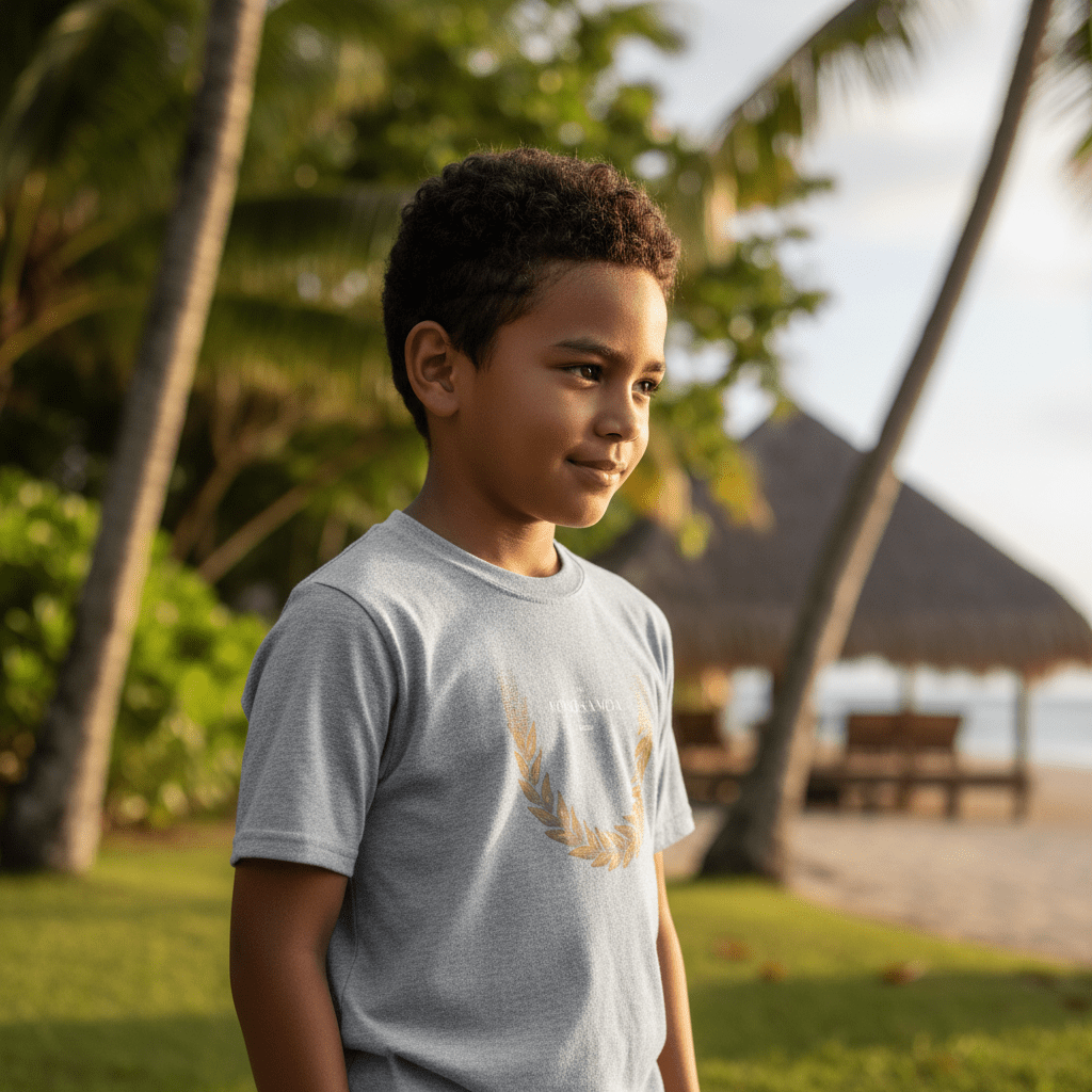 Kids unisex T-shirt by The Print Bar featuring Ula Fala Brown design, made for children, in navy color with comfortable fit.