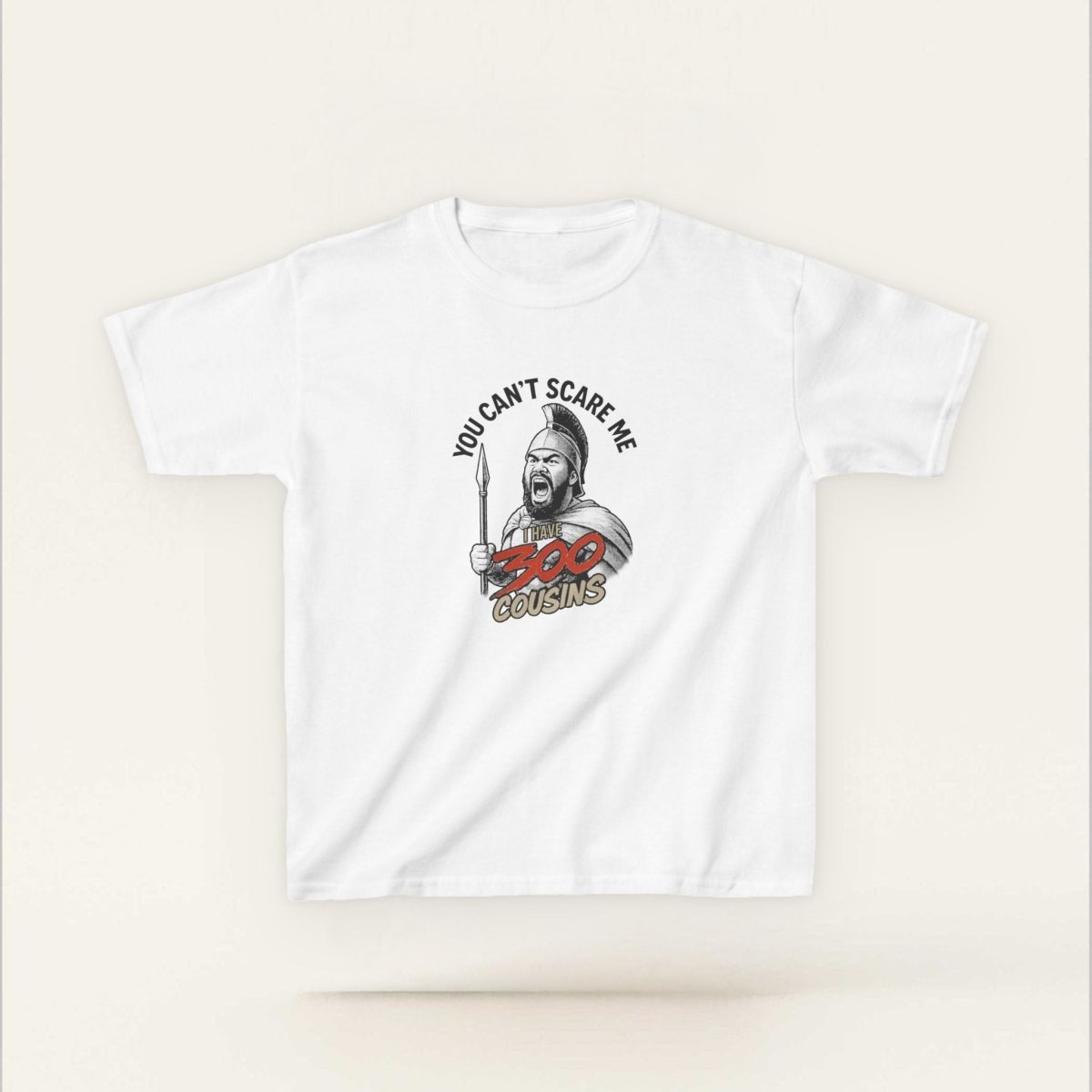 Red kids unisex tee from The Print Bar with "300 Cousins" design, suitable for AU/NZ kids clothing size XS.