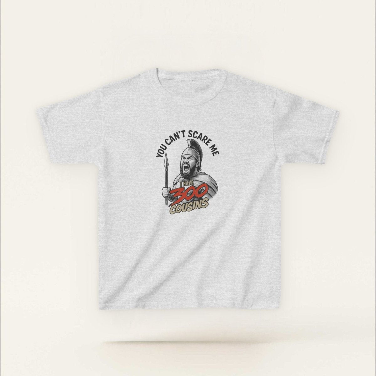 Red kids unisex tee from The Print Bar featuring a "300 Cousins" design, suitable for children in AU/NZ.