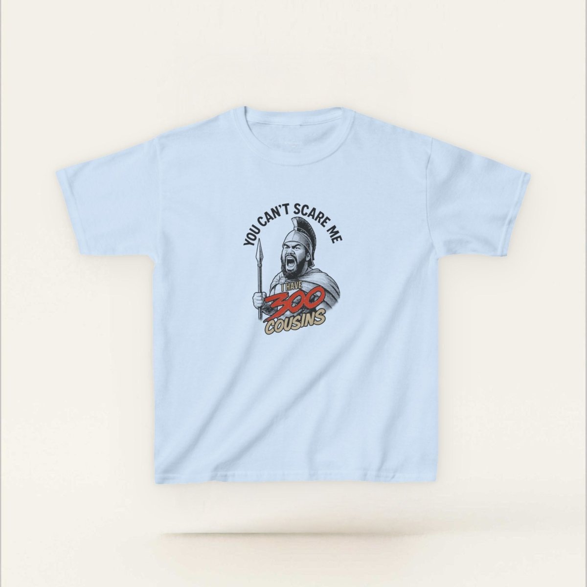 Kids unisex red tee by The Print Bar with "300 Cousins" print, perfect for children’s casual wear in AU/NZ.
