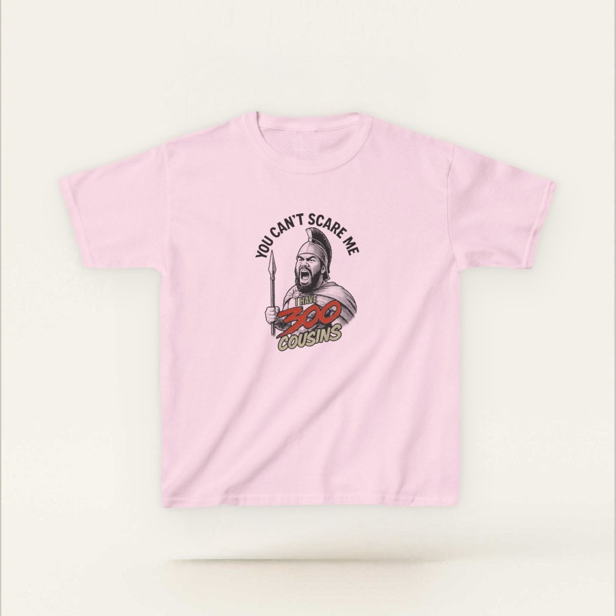 Kids unisex red T-shirt from The Print Bar featuring "300 Cousins" print, casual kids' clothing for AU/NZ.