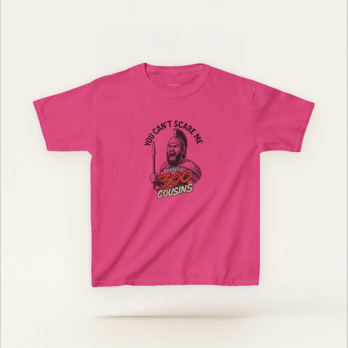Kids unisex red tee from The Print Bar featuring a "300 Cousins" design, perfect for kids' casual wear in AU/NZ.