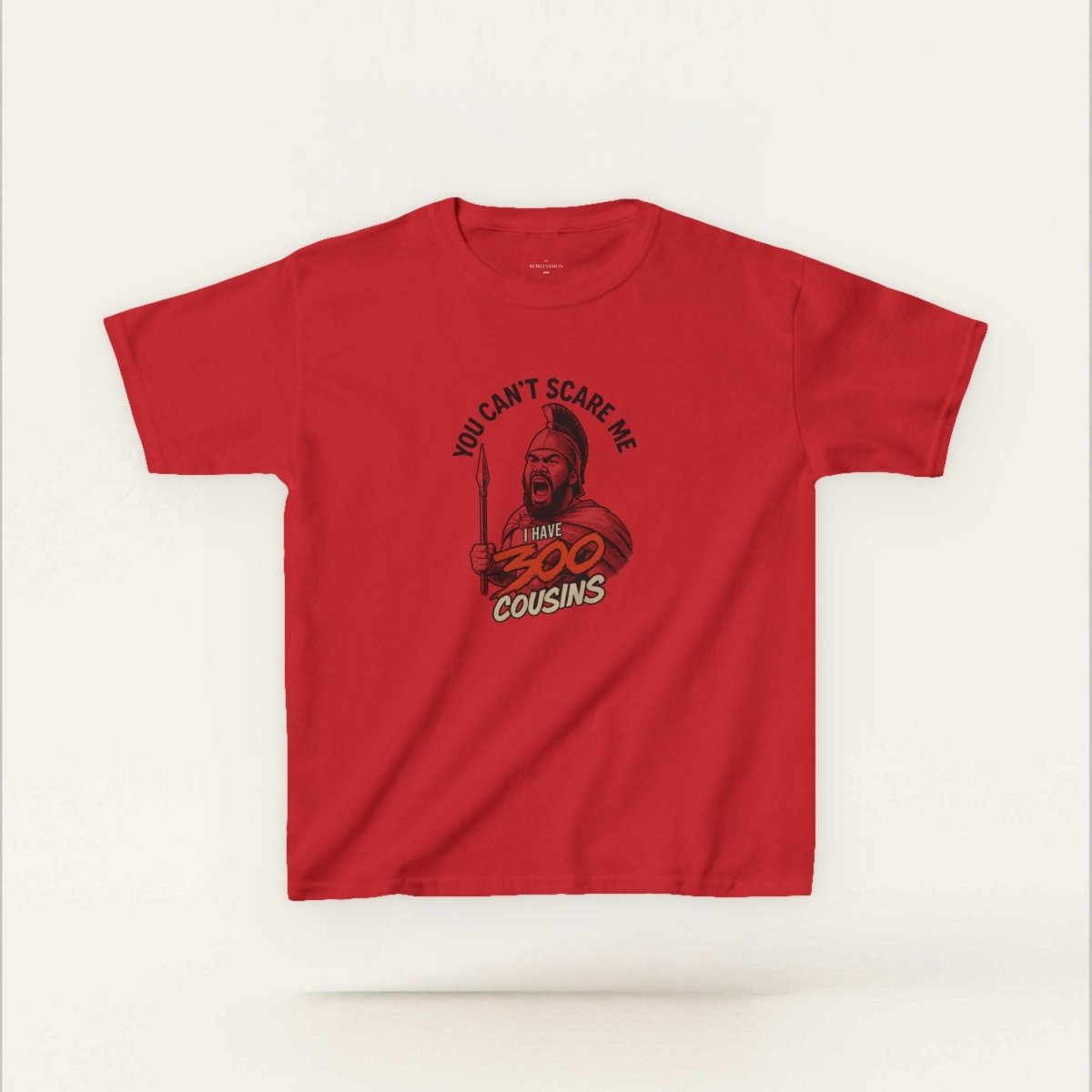 Red kids unisex T-shirt from The Print Bar featuring "300 Cousins" design, perfect for children in AU/NZ.