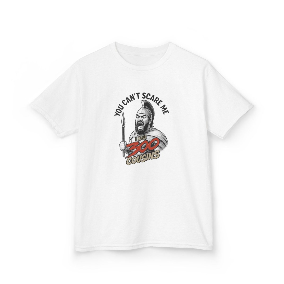Red unisex kids' T-shirt from The Print Bar featuring the "300 Cousins" design, suitable for children in AU/NZ.