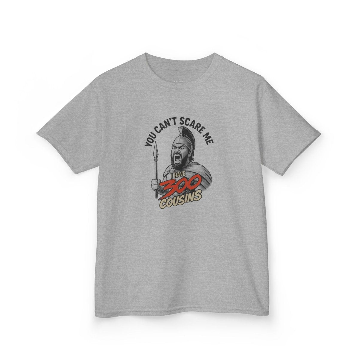 Kids unisex red T-shirt from The Print Bar featuring "300 Cousins" text, suitable for children in AU/NZ.