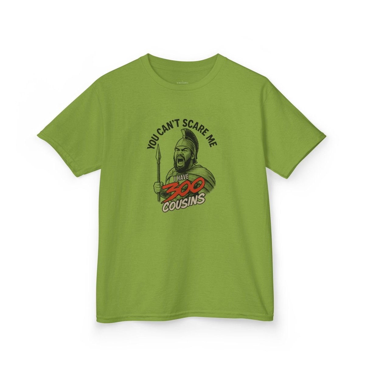 Kids unisex red T-shirt from The Print Bar featuring "300 Cousins" print, suitable for children in AU/NZ.