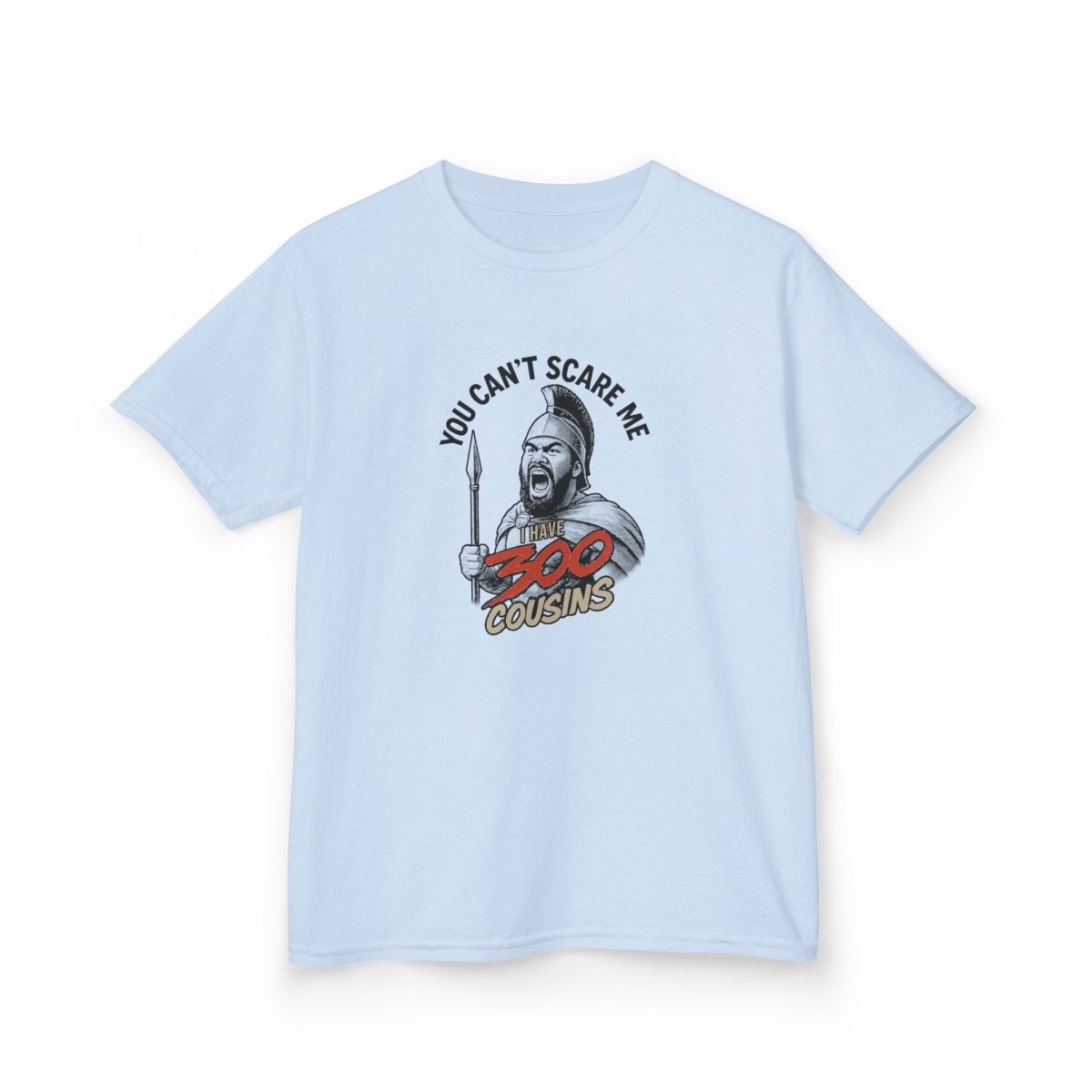 Red kids unisex tee from The Print Bar featuring "300 Cousins" design, suitable for children in AU/NZ.