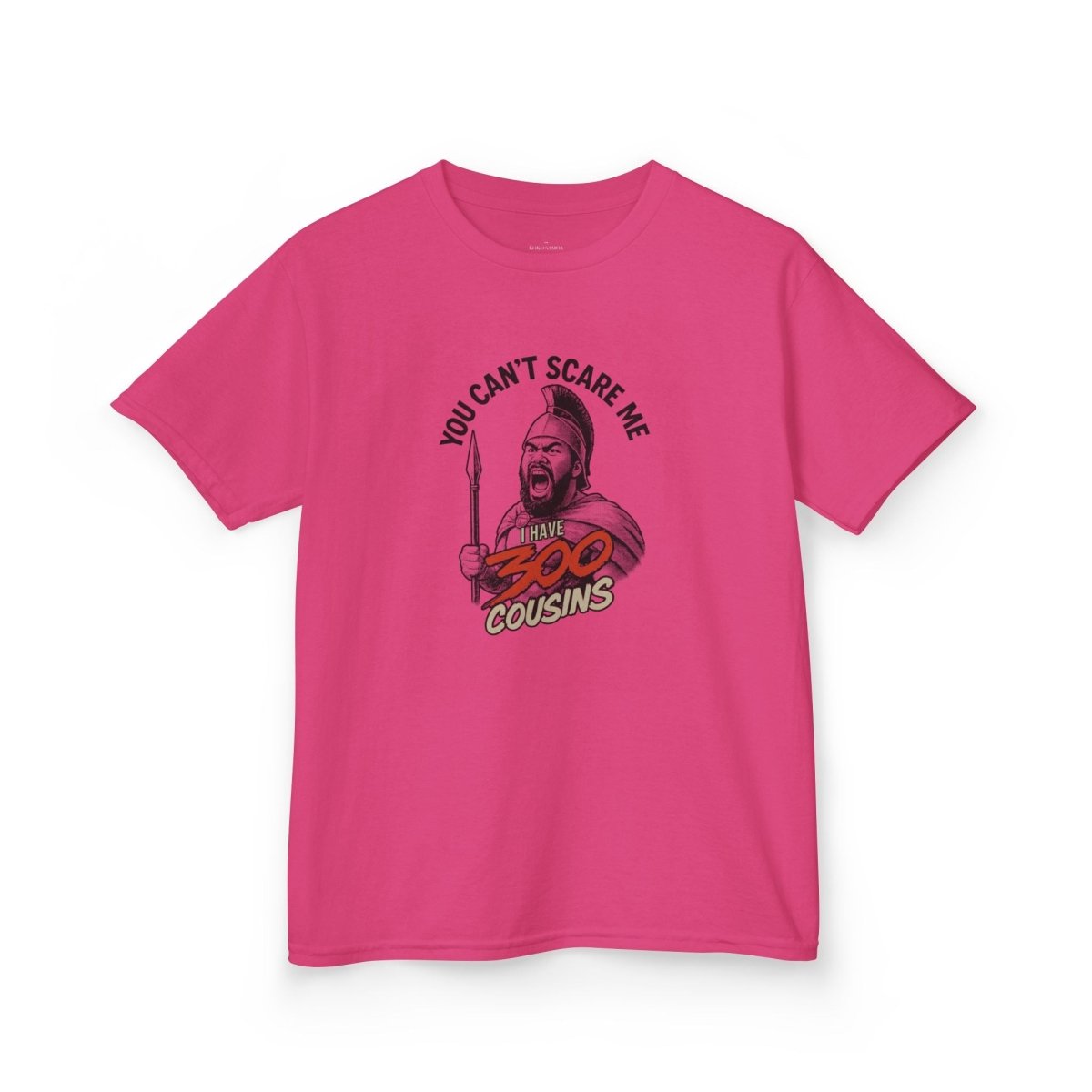 Red kids unisex T-shirt from The Print Bar featuring "300 Cousins" print, suitable for AU/NZ kids' clothing.