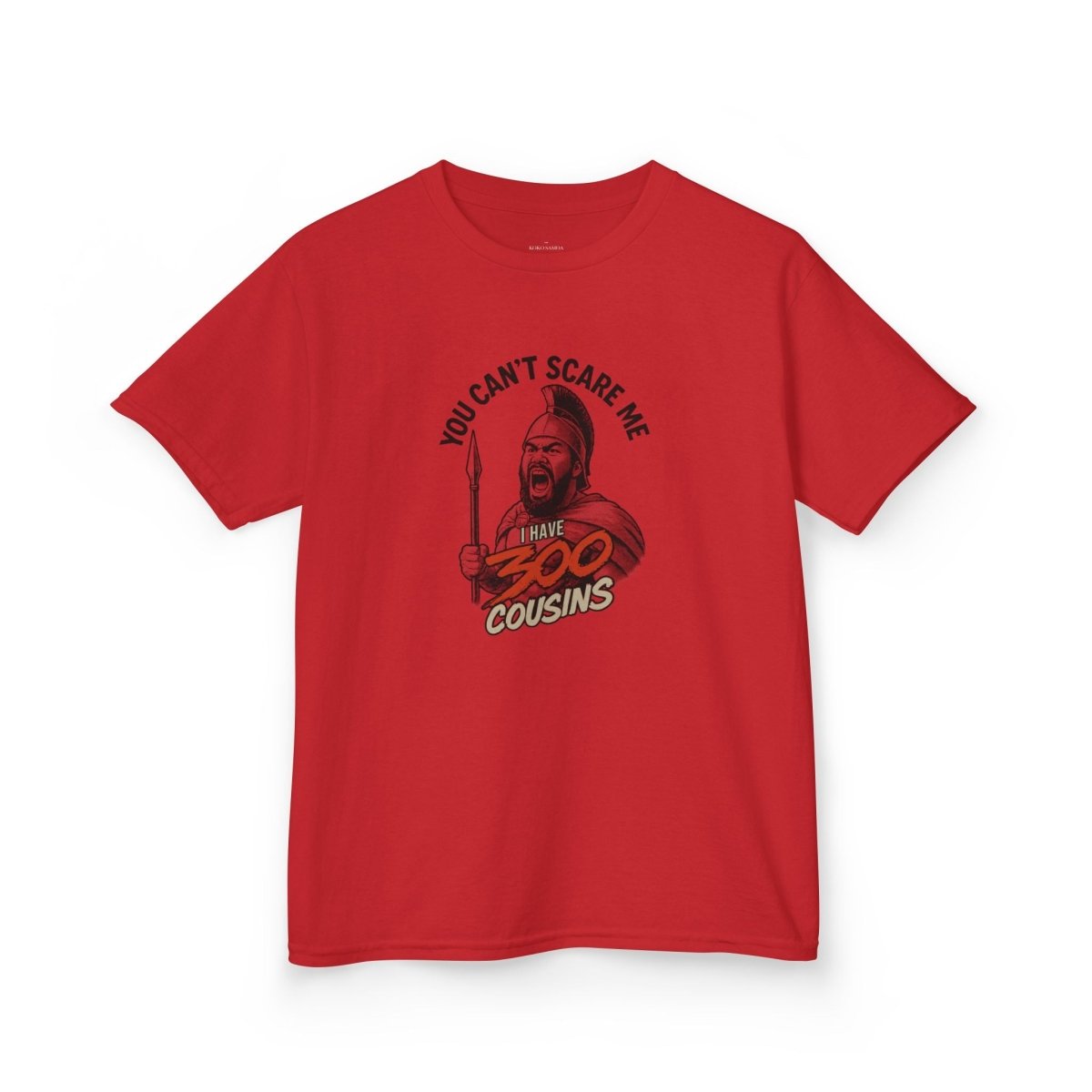 Red kids unisex T-shirt from The Print Bar featuring "300 Cousins" design, ideal for boys and girls in AU/NZ.