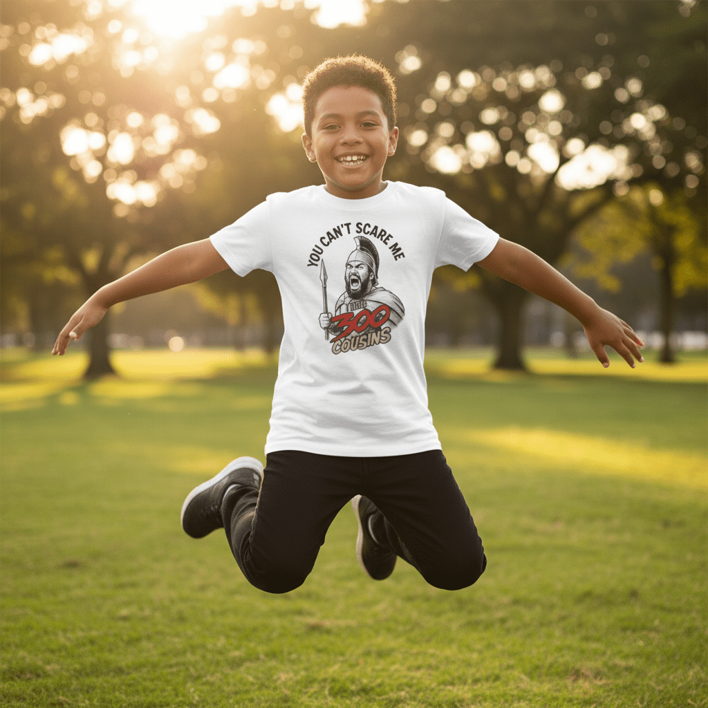 Red unisex kids' T-shirt from The Print Bar featuring "300 Cousins" design, perfect for children in AU/NZ.