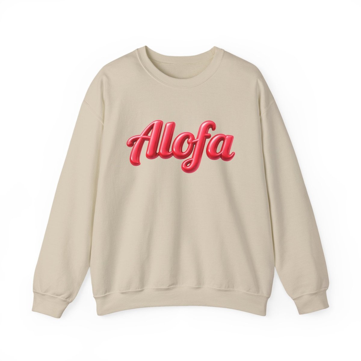 Unisex heavy sweatshirt in ash color featuring the Alofa design, made for casual comfort and style.