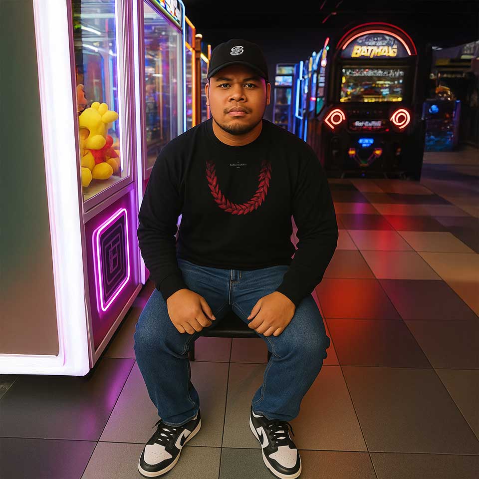 Navy unisex heavy sweatshirt by Monster Digital with Ula Fala print, casual and comfortable fit for men and women.