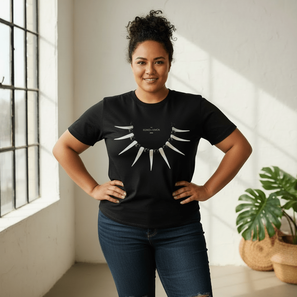 Black unisex heavy T-shirt by The Print Bar featuring Ula Nifo design, suitable for AU/NZ sizes S.