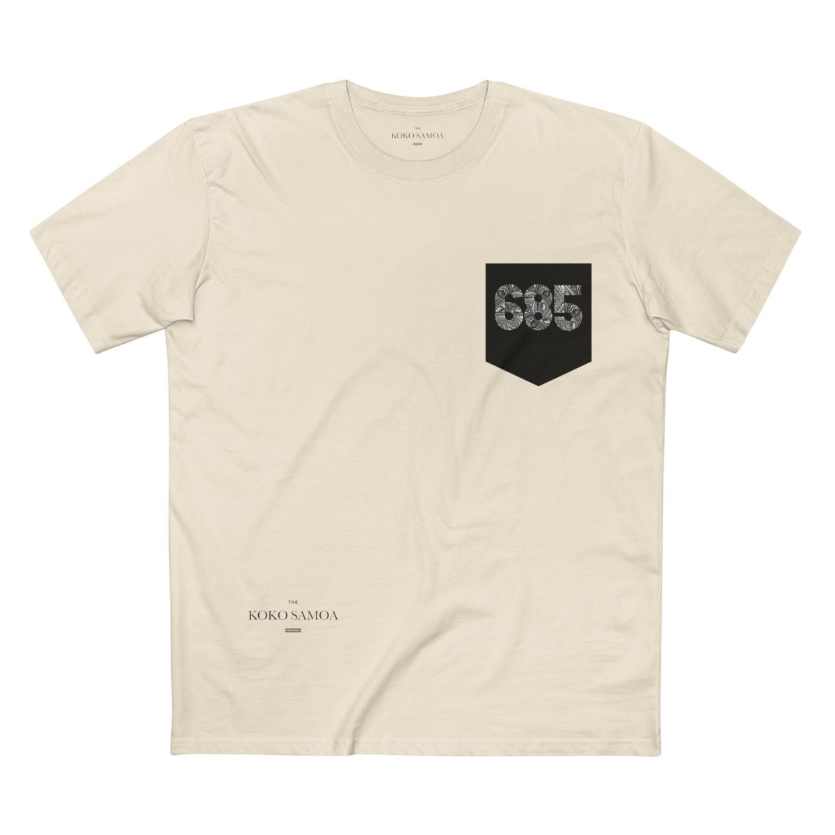 Unisex soft tee with '685 Pocket' print in army green by The Print Bar, showing front view with pocket detail and casual fit.