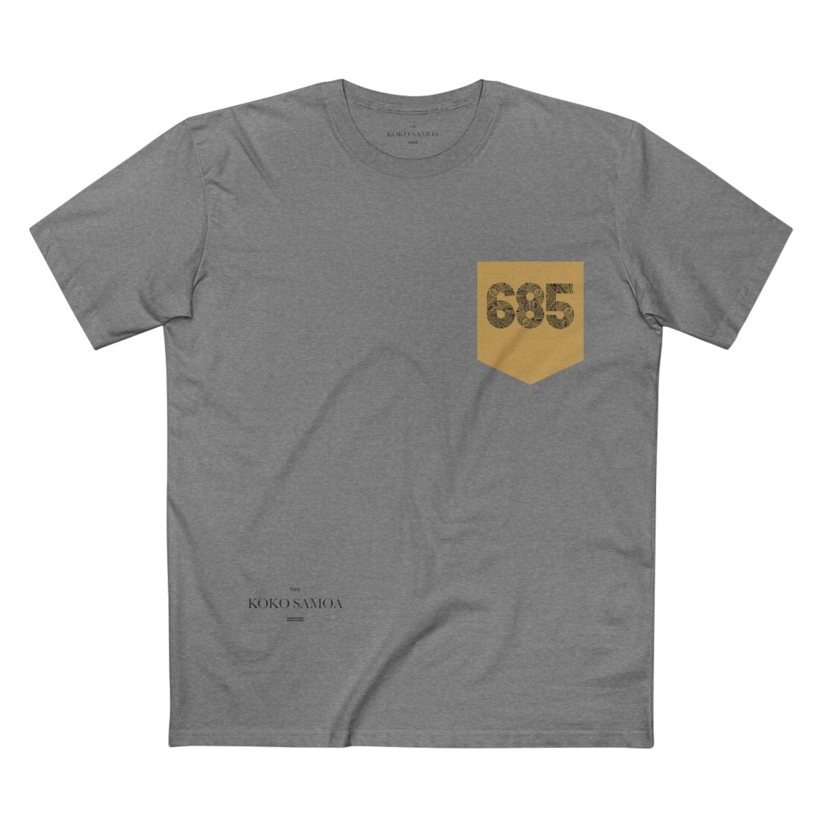 Unisex soft tee from The Print Bar with '685 Pocket' print in army green, showing front view and pocket detail.