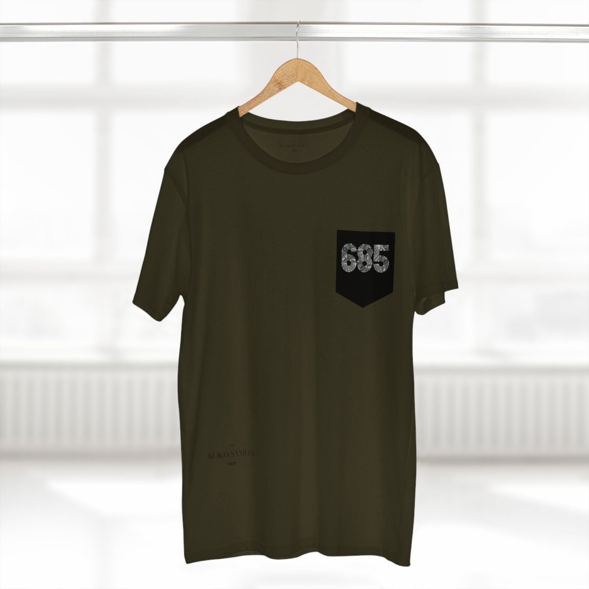 Soft unisex army green tee with '685 Pocket' print from The Print Bar, showing a relaxed fit and pocket detail.