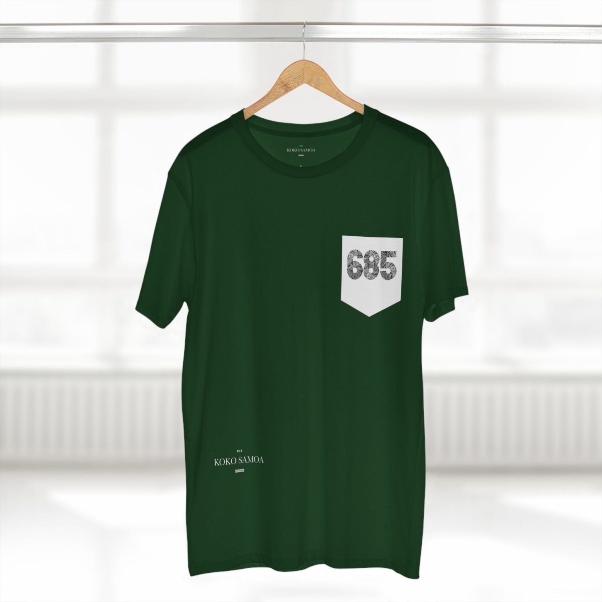 Unisex soft army green T-shirt with '685 Pocket' print from The Print Bar, showing front view of the casual tee.