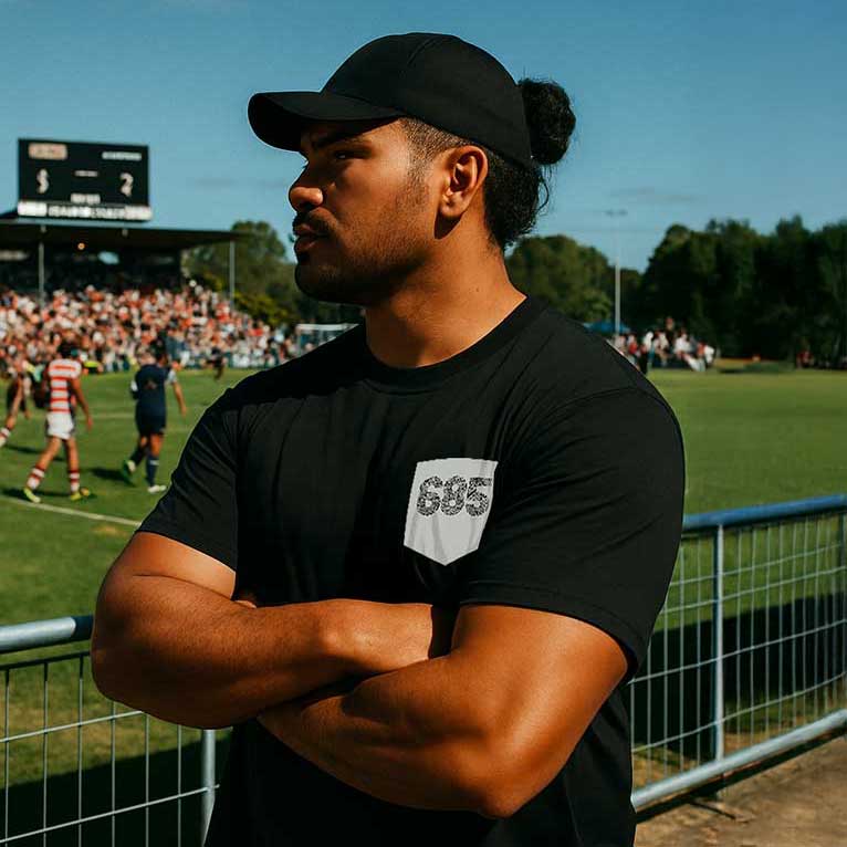 Unisex soft tee by The Print Bar with '685 Pocket' print in army green, showing front view of the casual t-shirt.