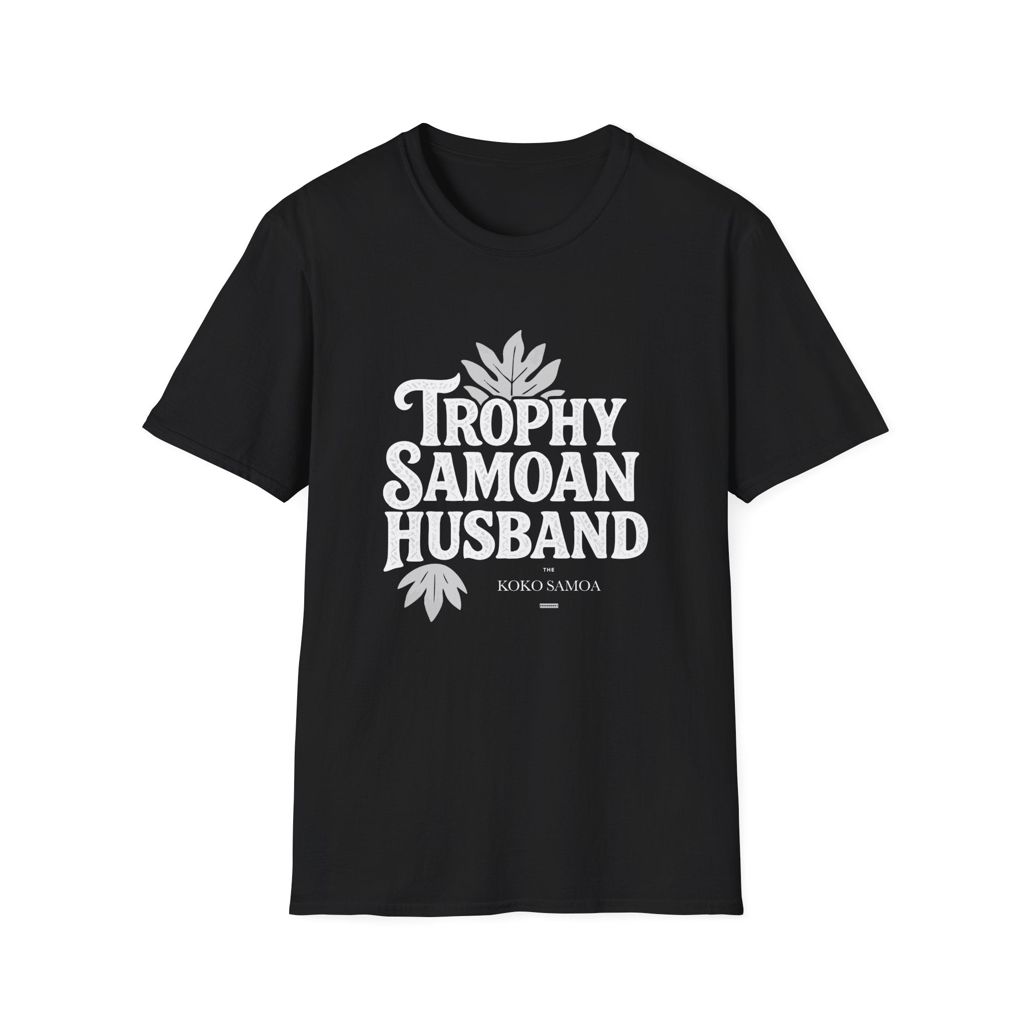 Charcoal unisex soft men's tee by The Print Bar featuring "Trophy Samoan Husband" design, casual fit for AU/NZ market.