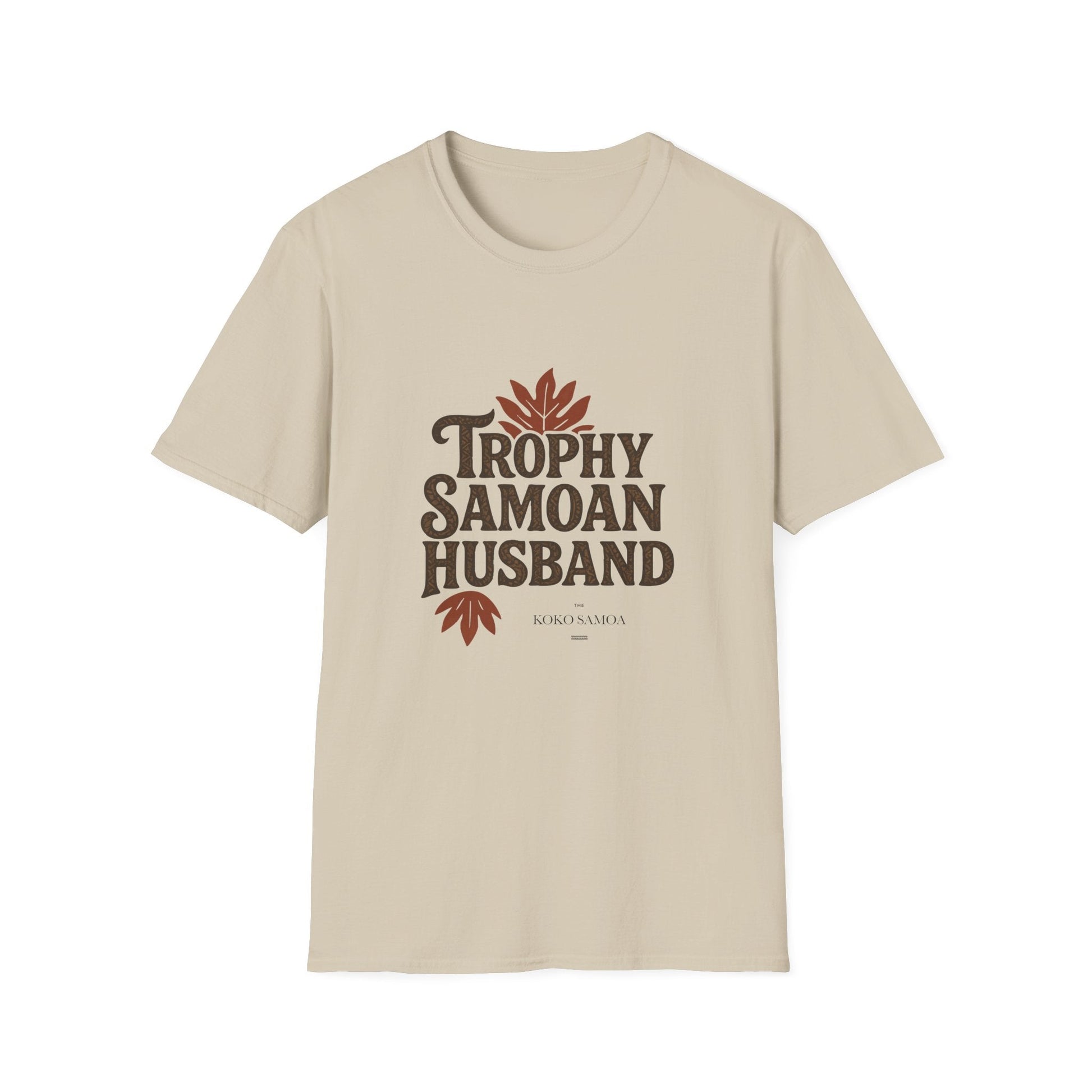 Charcoal unisex soft men's tee featuring Trophy Samoan Husband design from The Print Bar, displayed on a flat surface.