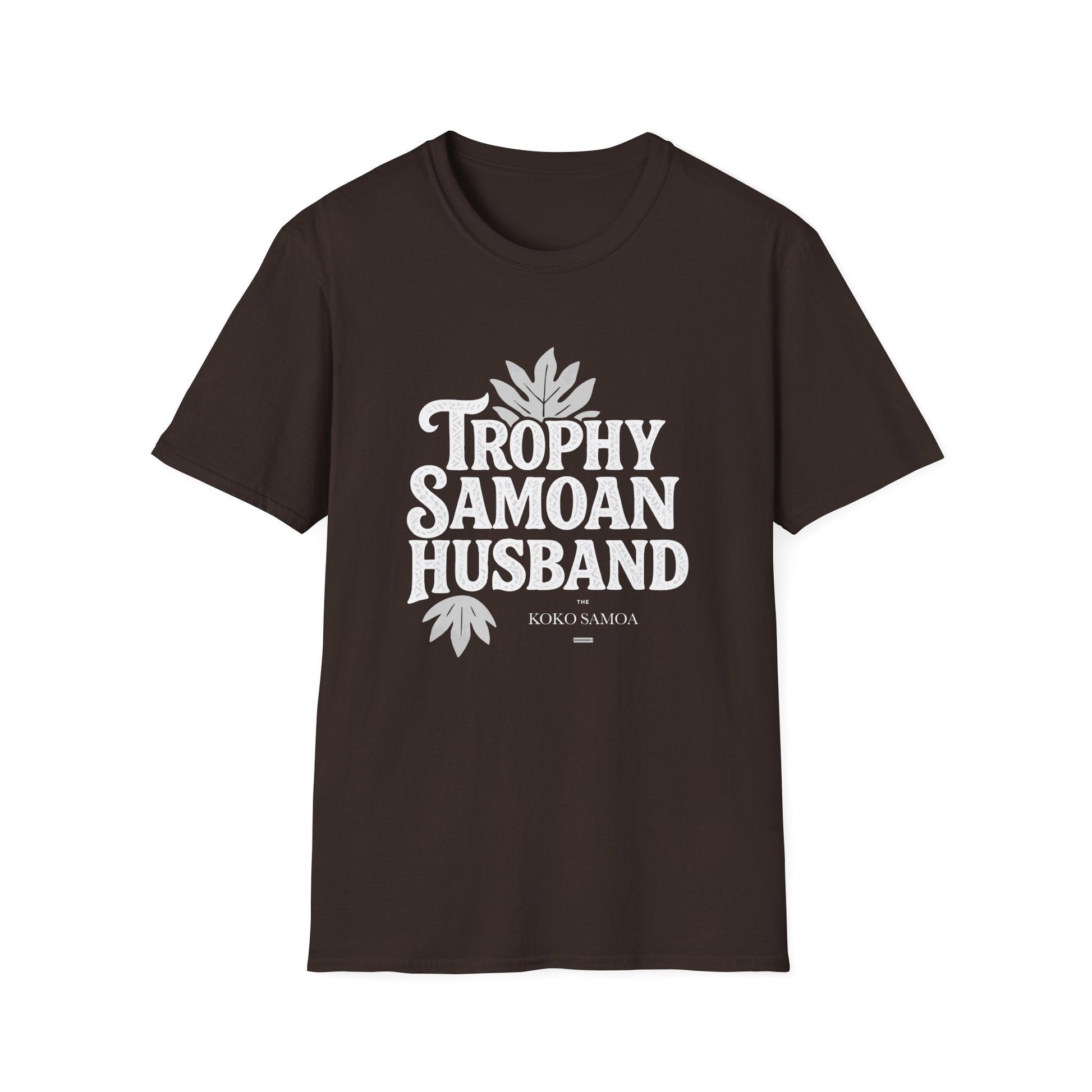 Unisex soft men's tee in charcoal with "Trophy Samoan Husband" design, by The Print Bar, ideal for casual wear.