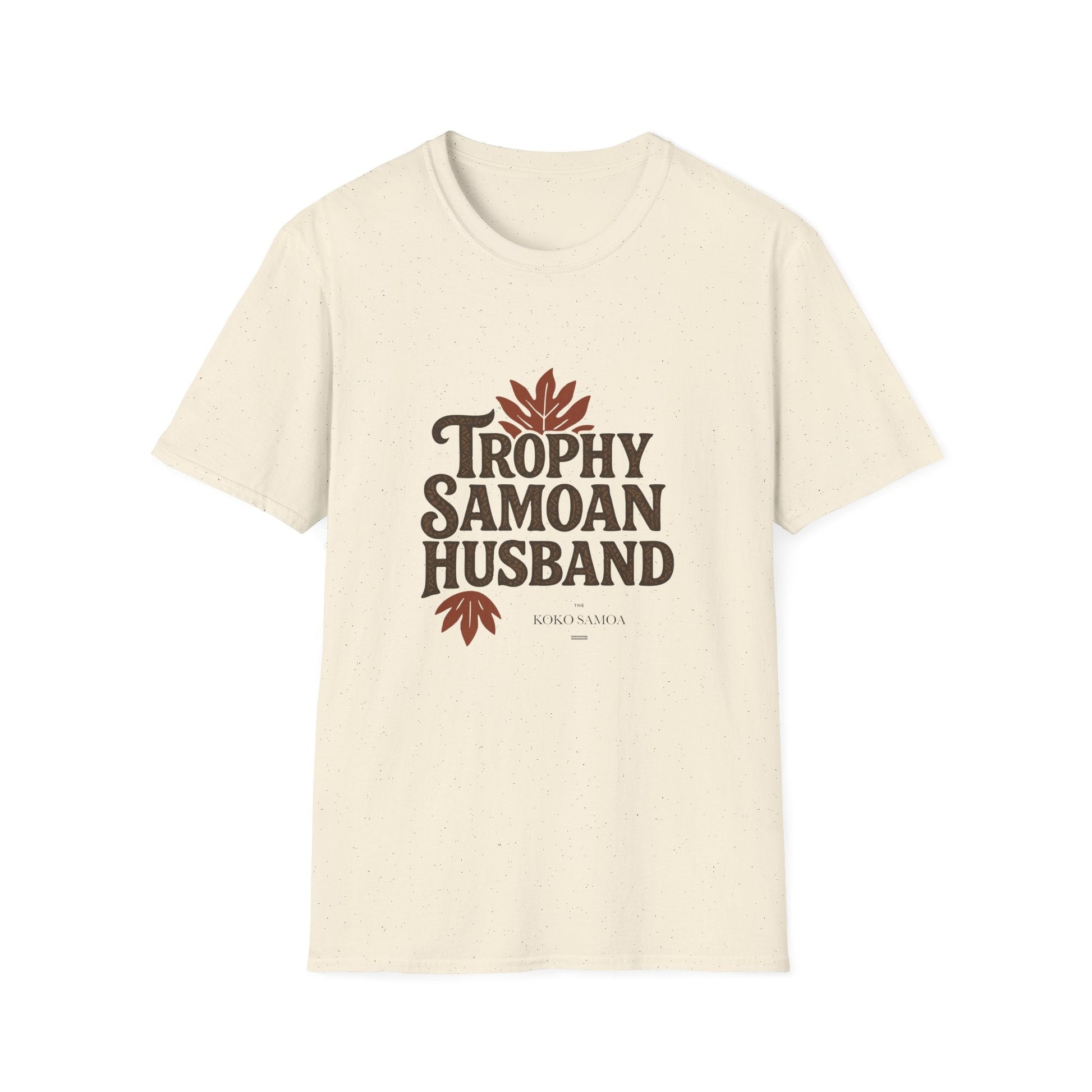Charcoal unisex soft men's tee by The Print Bar featuring "Trophy Samoan Husband" design, ideal for casual wear in AU/NZ.