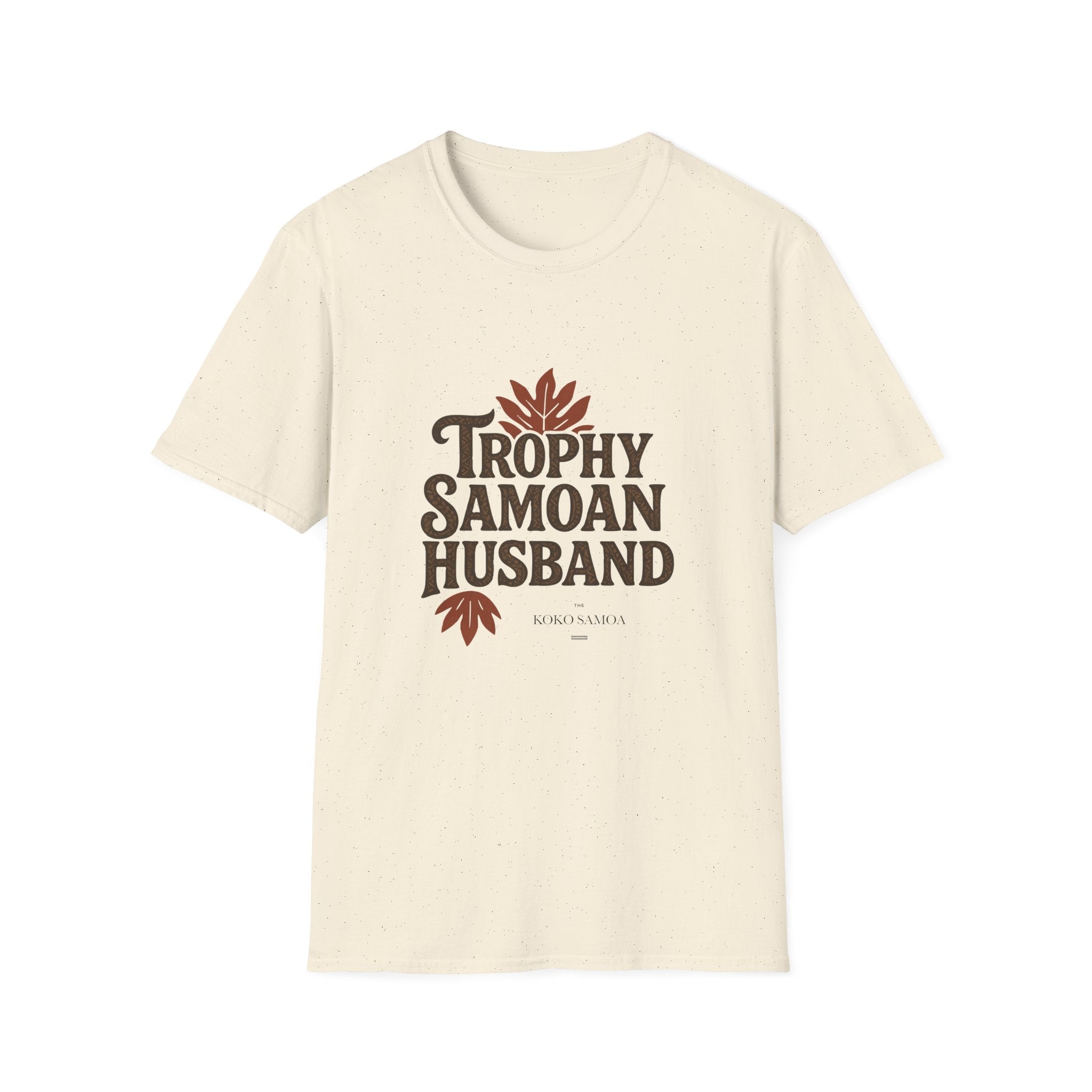 Charcoal unisex soft men's tee by The Print Bar featuring "Trophy Samoan Husband" design, ideal for casual wear in AU/NZ.