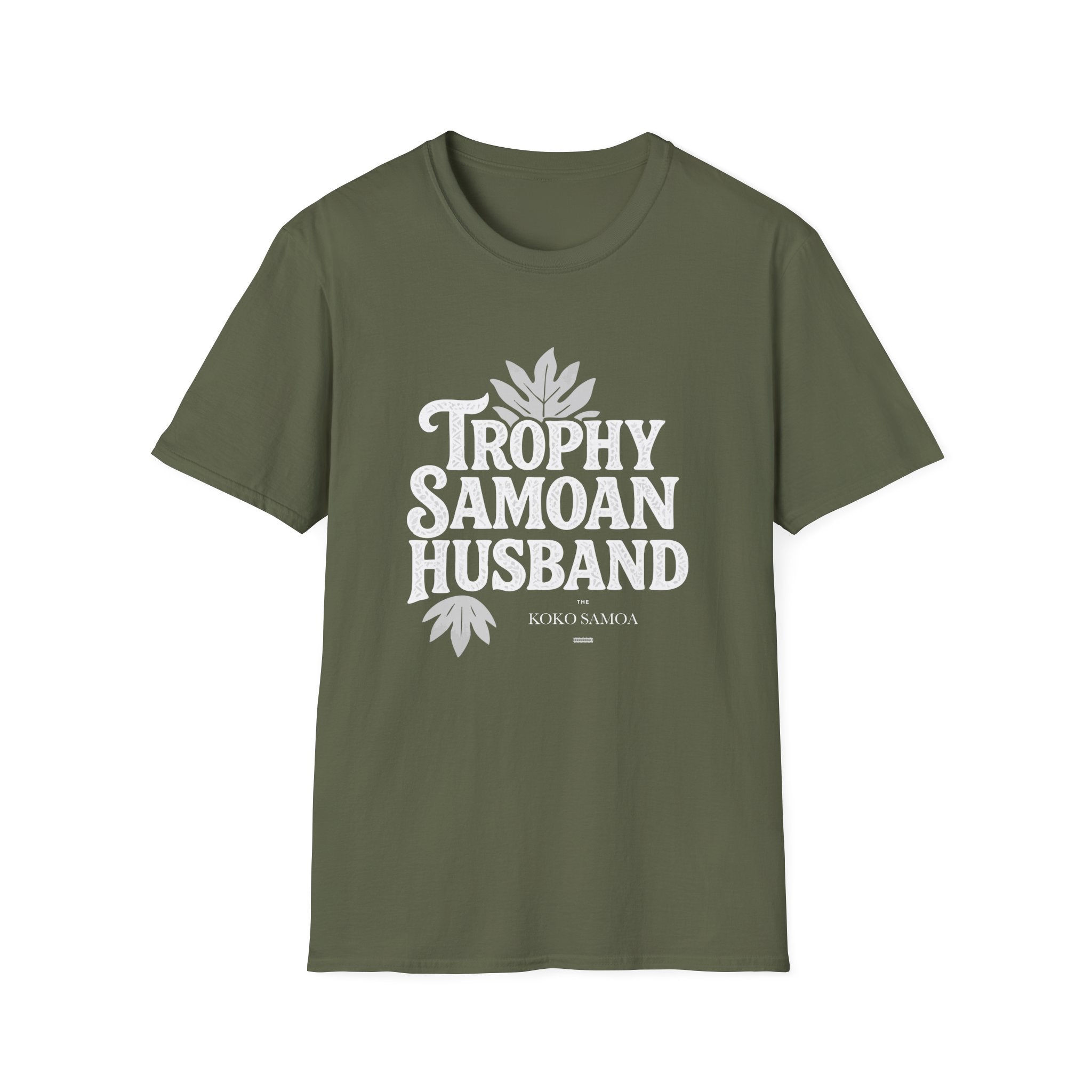 Charcoal unisex soft men's tee by The Print Bar featuring "Trophy Samoan Husband" design, perfect for casual wear in AU/NZ.