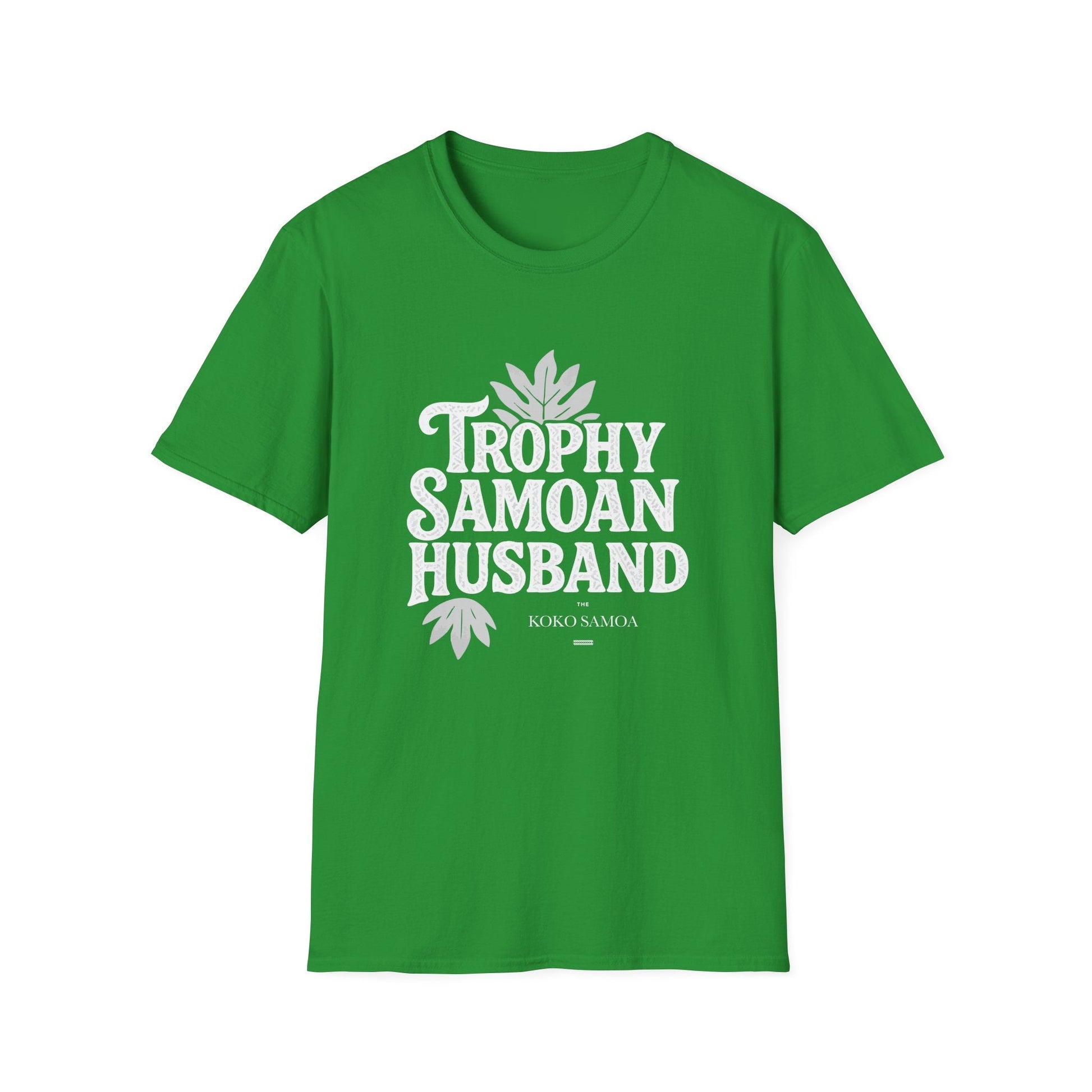Charcoal unisex soft men's tee from The Print Bar with "Trophy Samoan Husband" design, perfect for casual wear in AU/NZ.