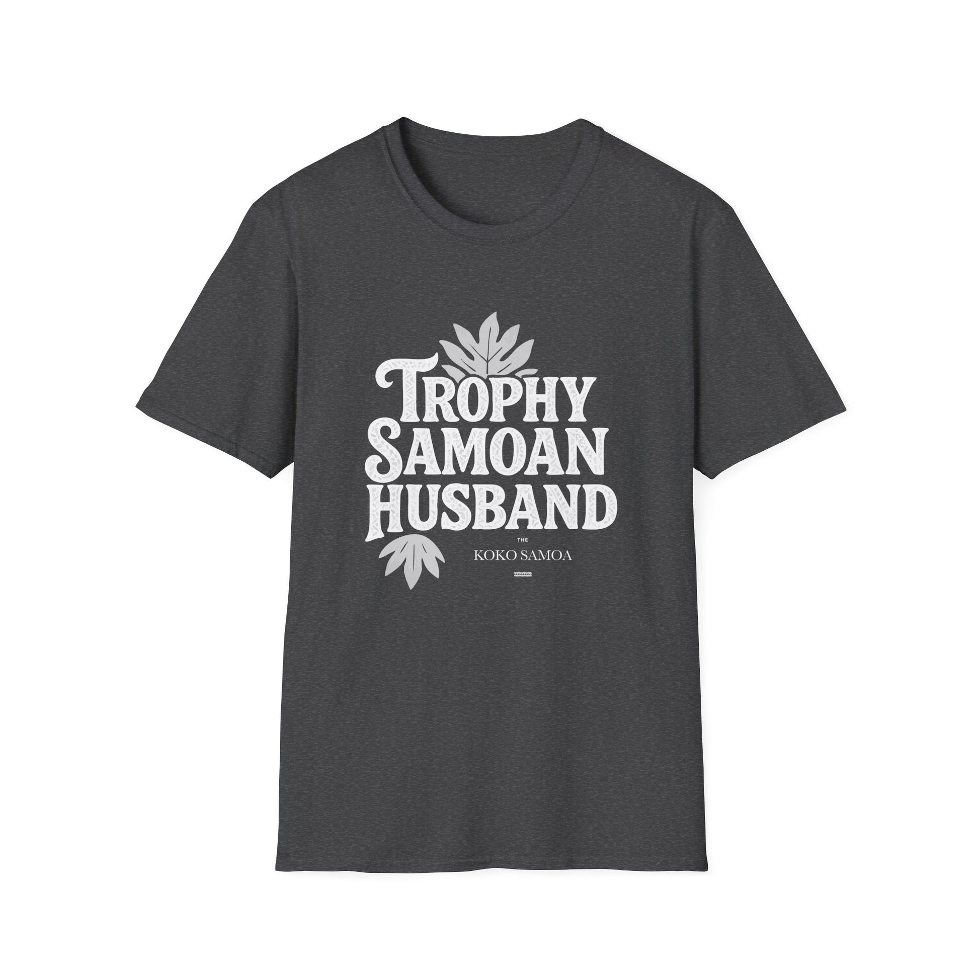 Charcoal unisex soft men's tee by The Print Bar featuring "Trophy Samoan Husband" design, perfect for casual wear in AU/NZ.