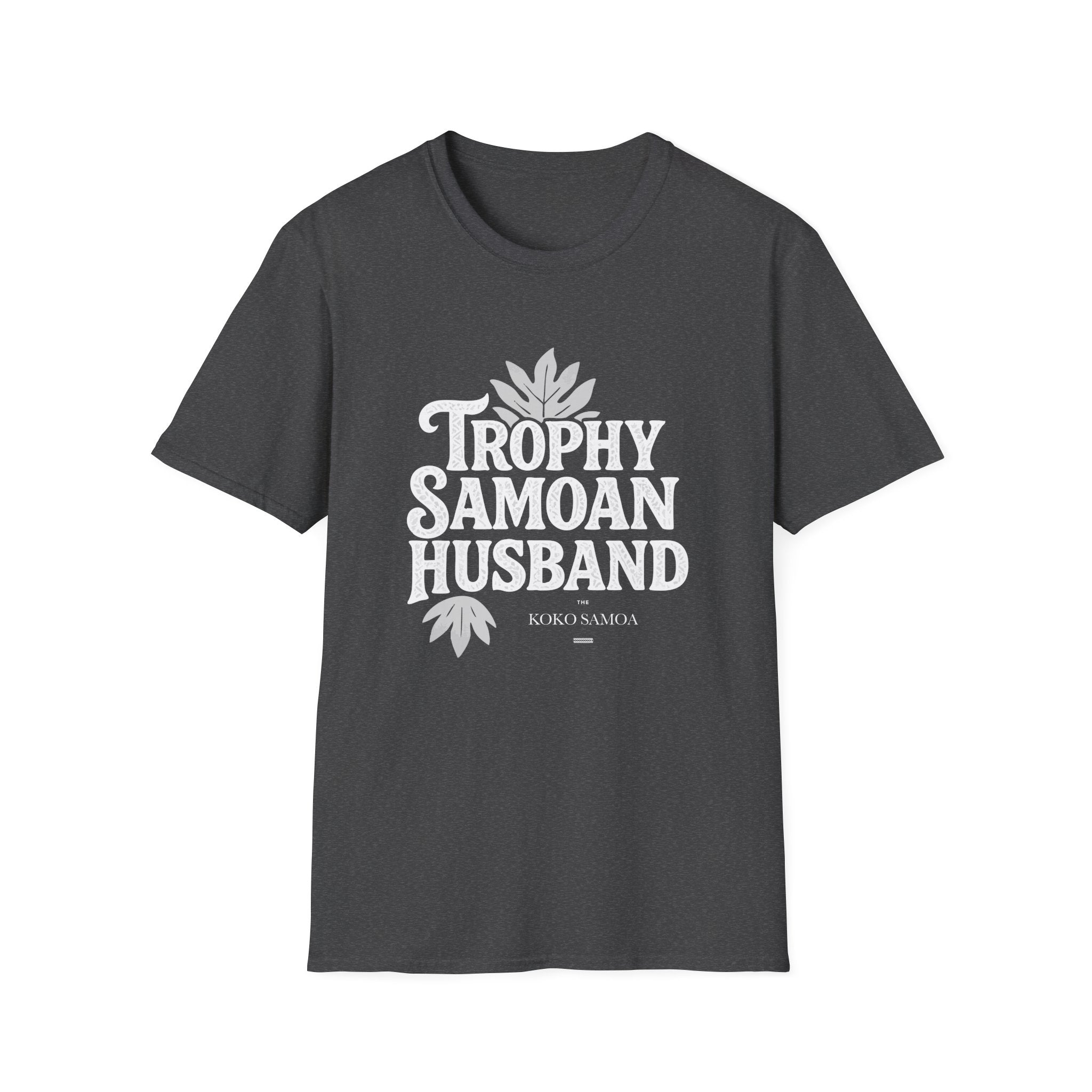 Charcoal unisex soft men's tee by The Print Bar featuring "Trophy Samoan Husband" design, perfect for casual wear in AU/NZ.