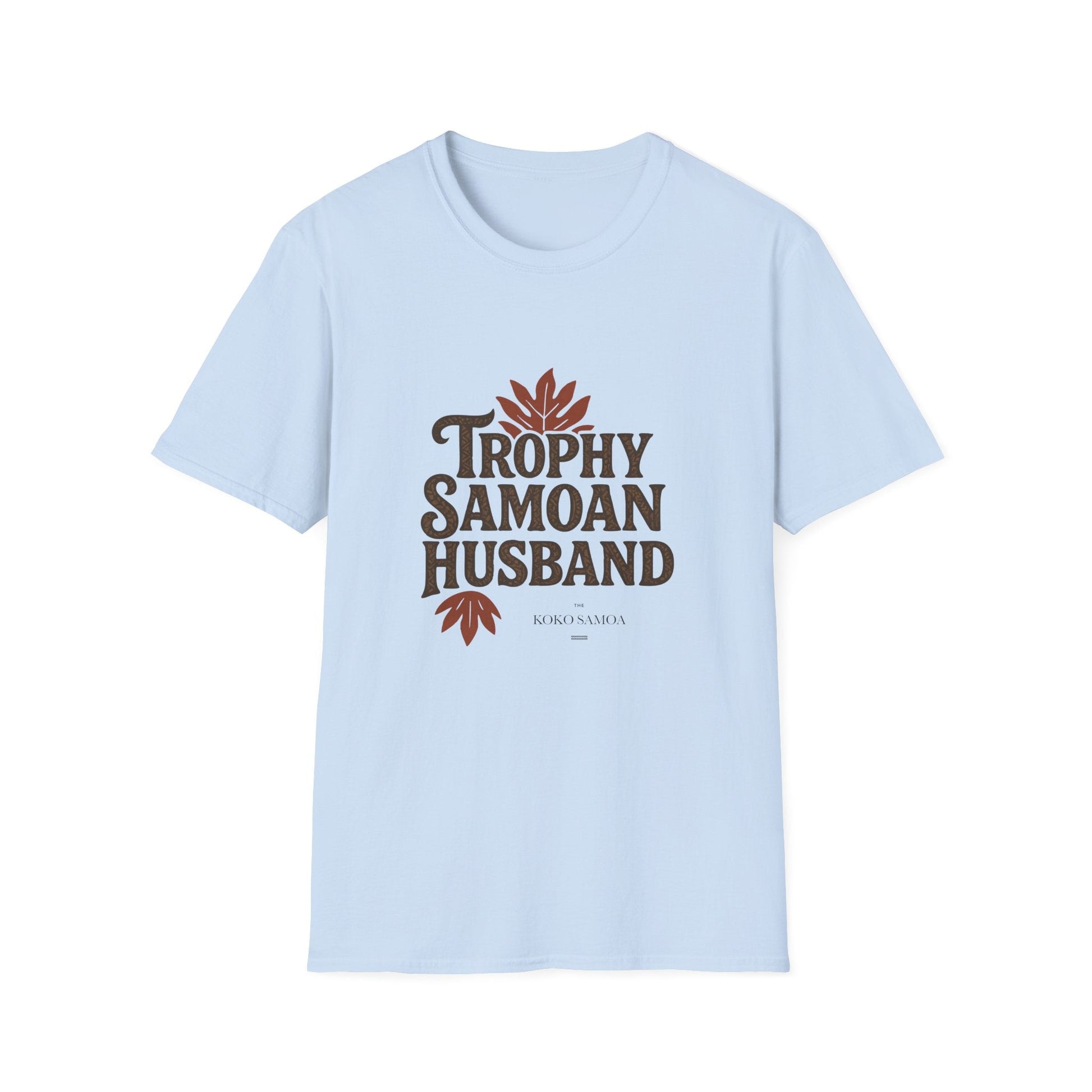 Charcoal unisex soft men's T-shirt featuring Trophy Samoan Husband design by The Print Bar, displayed on a plain background.