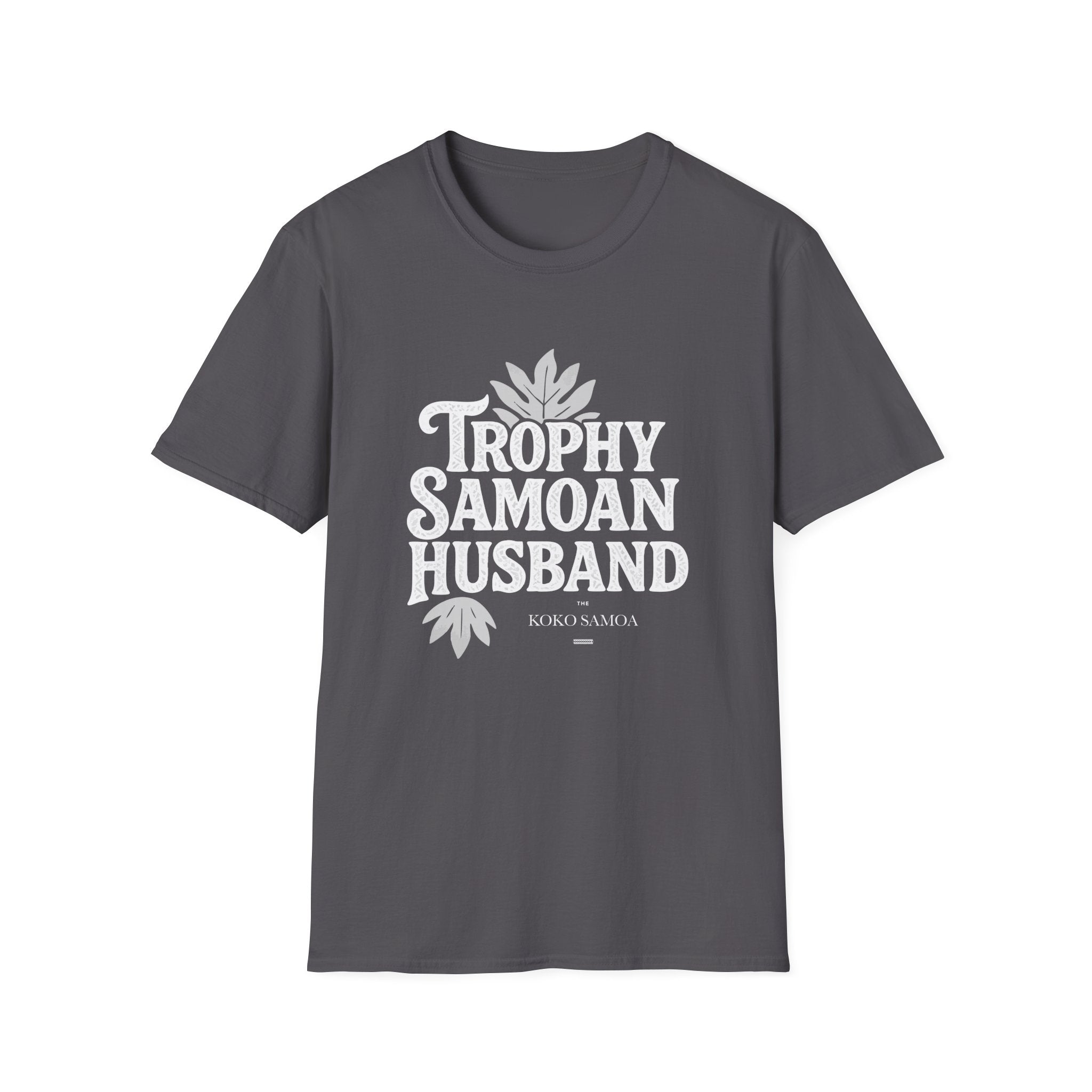 Charcoal unisex soft men's T-shirt featuring a Trophy Samoan Husband design, by The Print Bar, suitable for AU/NZ.