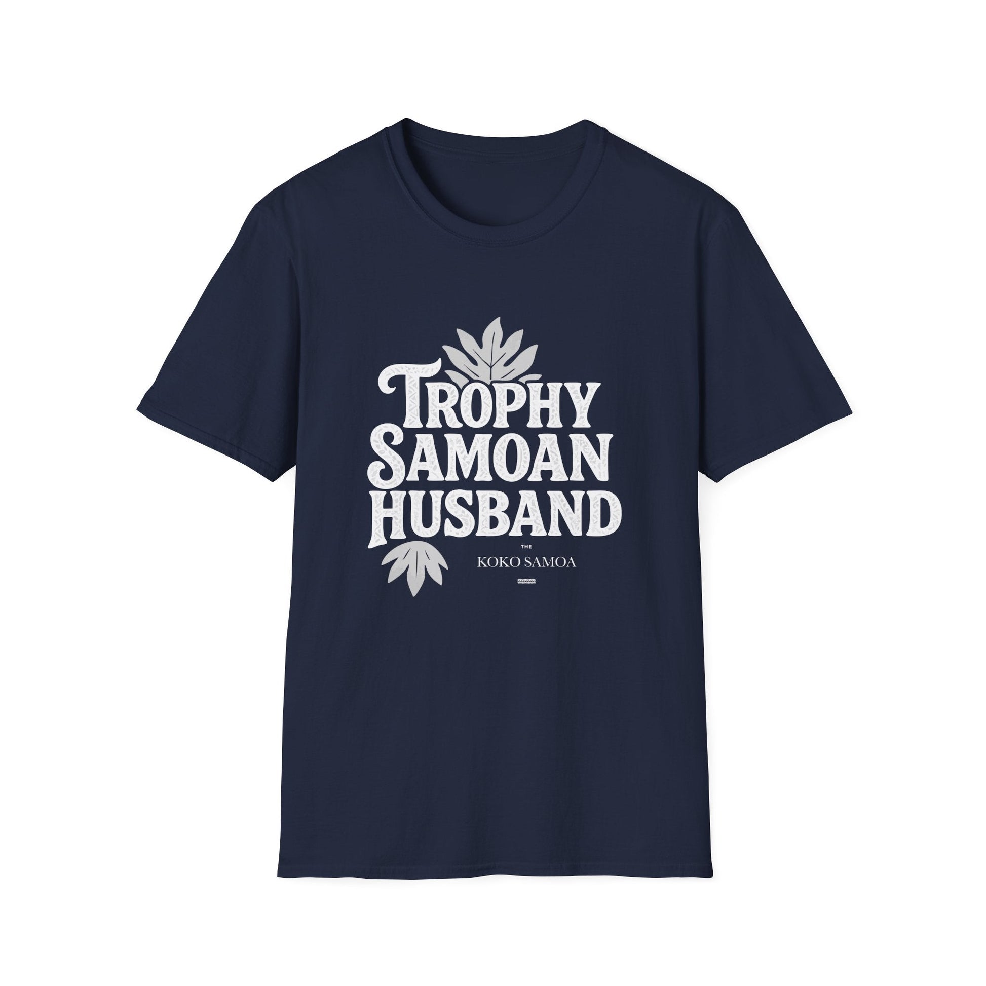 Charcoal unisex soft men's tee from The Print Bar featuring Trophy Samoan Husband design, ideal for casual wear in AU/NZ.